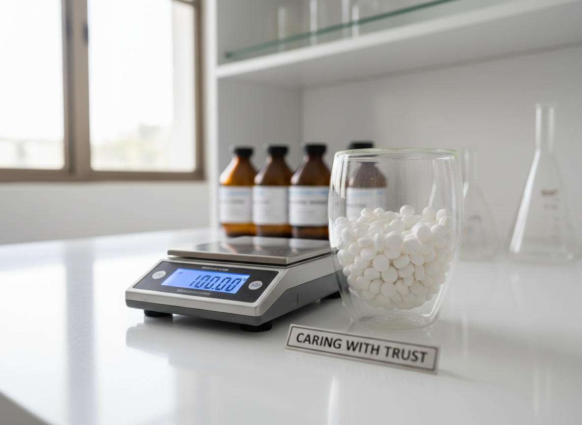A transparent, double-walled glass container filled with small, uniformly shaped white tablets, placed beside a precision digital scale on a spotless white laboratory surface. In the softly blurred background, neatly labeled reagent bottles and a calibrated volumetric flask suggest rigorous quality testing. Bright, diffused daylight filters in from an unseen window, mixing with neutral overhead lighting to create a balanced, shadow-free scene. The composition is centered with a slight diagonal from the scale to the container, guiding the eye across key quality elements. Photographic realism highlights the fine texture of the tablets and the crisp digital numerals on the scale. The overall atmosphere is one of accuracy, integrity, and careful attention to detail, reinforcing the theme of “Caring with Trust.”